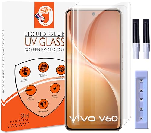 Image of STP FEEL Premium UV Tempered Glass Screen Protector Guard Compatible For Vivo V60 5G (6.77 Inch, Pack of 2) Full Adhesive UV Curved Case Friendly HD Clarity with easy installation kit for Smartphone