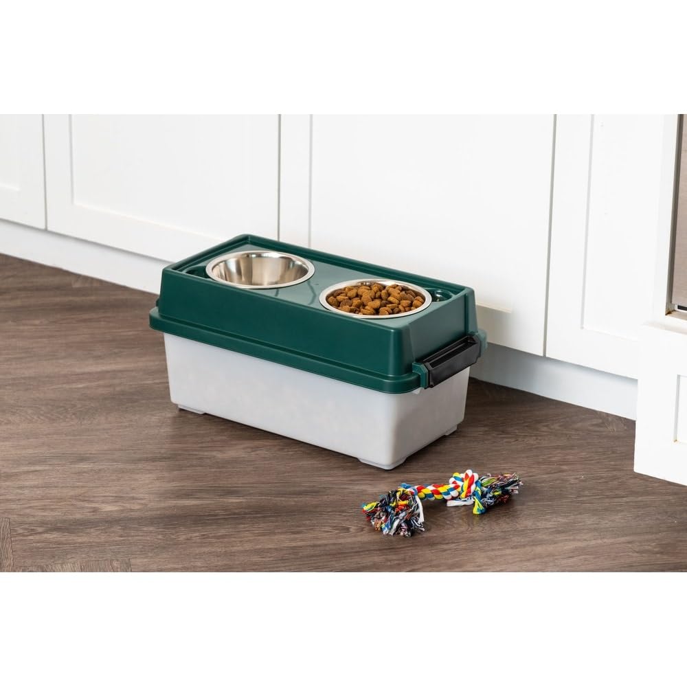 IRIS Remington - Mangiatoia media rialzata da 5,9 kg, con contenitore ermetico per alimenti per animali domestici, contenitore per alimenti secchi con ciotole rimovibili in acciaio inossidabile,