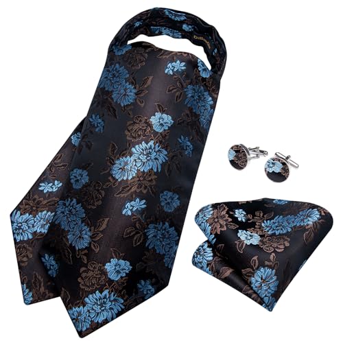 Image of DiBanGu 3PCS Ascot Ties for Men Wedding Jacquard Woven Silk Ascot Cravat for Men Cravat Tie and Pocket Square Set