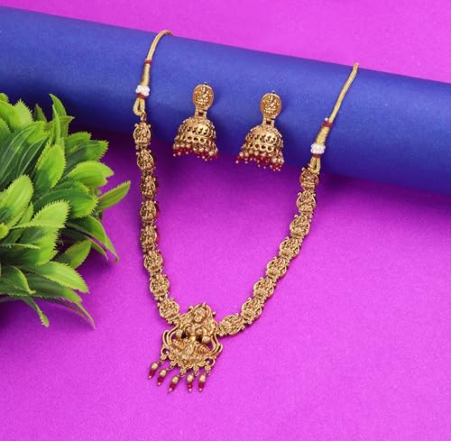 Image of CUTE GOLD Antique Oxidised Plating Necklace With Earring For Women and Girls | Antique Temple Necklace Set for Women & Girls
