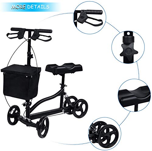 windaze Steerable Knee Scooter Walker Foldable with Dual Brake Alternative to Crutch Basket Drive Cart Medical Leg Supporter, Black - Thumbnail 6