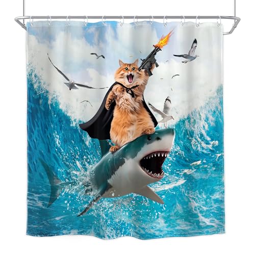 Image of Funny Surfing Cat Shower Curtain Riding Shark Ocean 72Wx72H Inch Decor | Hilarious Nautical Blue Sea Waves Seagull Animals Cool Novelty Waterproof Polyester Fabric Bathroom 12 Hooks