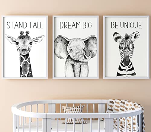 Safari Animals Baby Girl Boy Set of 3 Nursery Unframed Prints, Bedroom Decor Wall Art Posters, Elephant Giraffe Zebra Quotes
