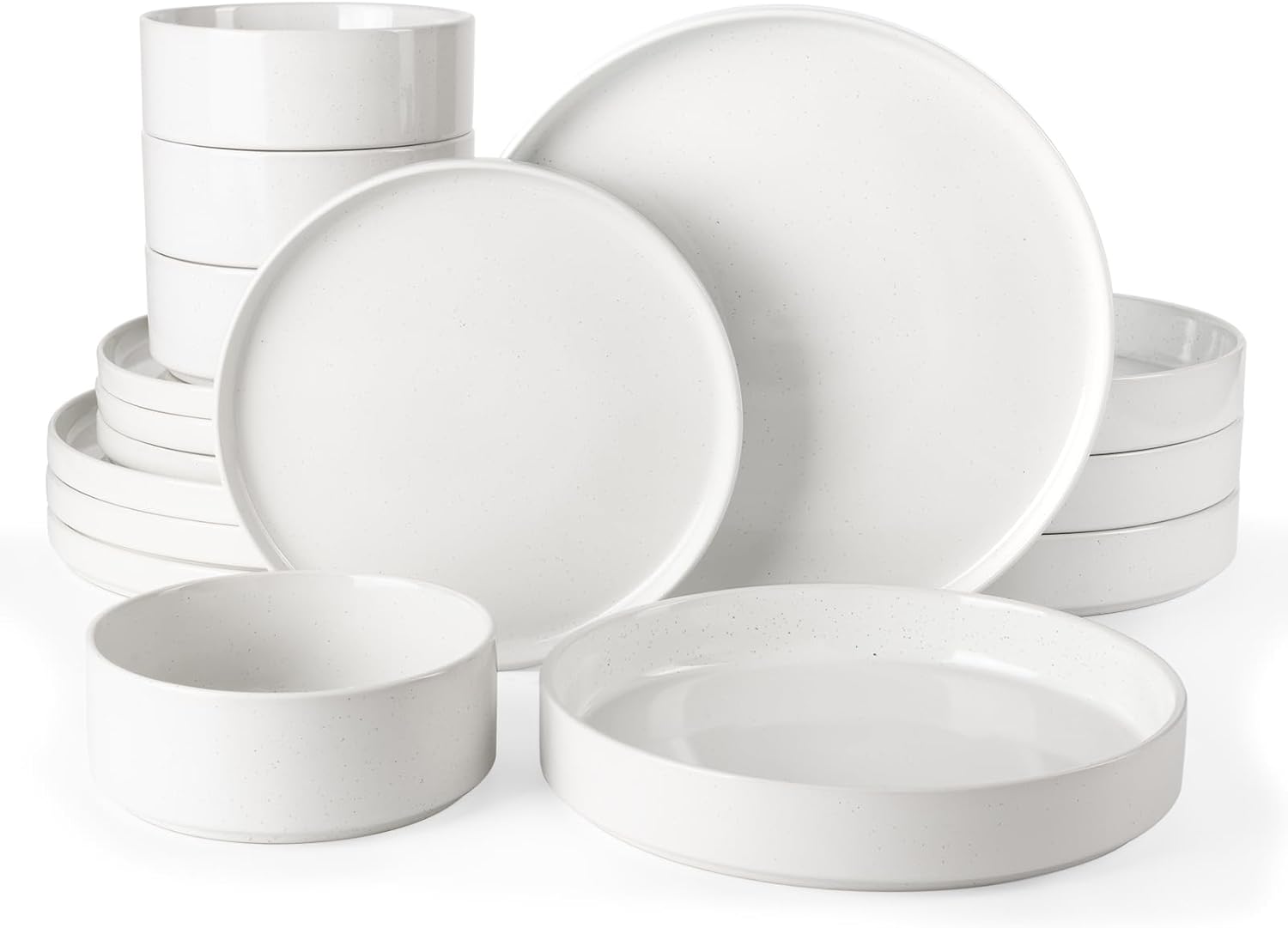 Famiware Nebula Dinnerware Set with Pasta Bowls, Service for 4 (16pcs), Fine Stoneware Plates and Bowls Sets, Microwave and Dishwasher Safe Dishes Set, White White Set(16pcs)
