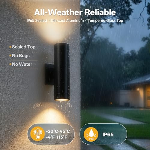 Image of Modern Outdoor Wall Light Fixtures, 2 Pack Integrated COB LED Cylinder Up Down Wall Sconce, 12W 3000K Matte Black Aluminum Waterproof Exterior Porch Lights for House Entryway Garage