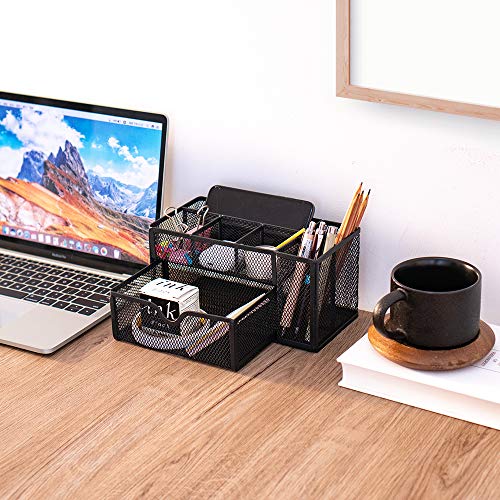 ARCOBIS Black Mesh Desk Organizer Office Supplies Multi-Functional Desktop Pen Holder Organizer with 6 Compartments and 1 Large Storage Drawer for Office, Home, School, Classroom