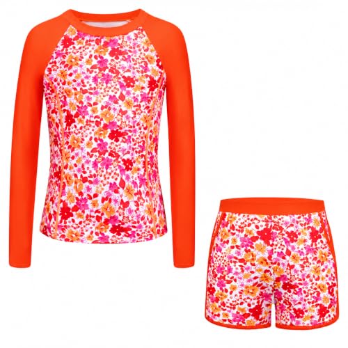 Image of Alakuoti Girls Rash Guard Swimsuit Two Piece Bathing Suit UPF 50+ Sun Protection Long Sleeve Swimwear 6-14 Years