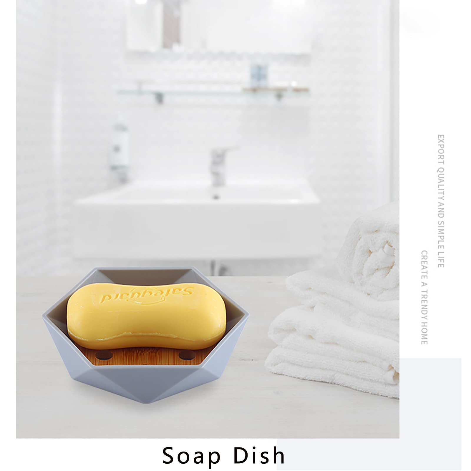 Juegos de Accesorios de baño, Simple Madera Acesorios Cuartos de Baño 4 Piezas con Dispensador Jabon Baño, Jabonera Baño, Porta Cepillo de Dientes, Bandeja, para Champú Gris