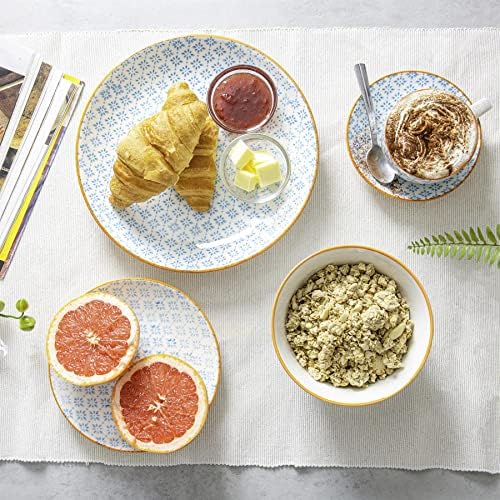 Nicola Spring 24 Piece Hand-Printed Dinner Set - Patterned Porcelain Crockery Plates Bowls Mugs - Blue