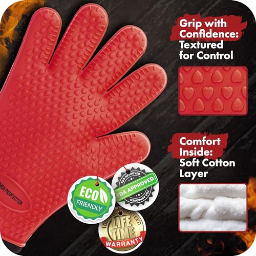 Image of KITCHEN PERFECTION Silicone Smoker Oven Gloves -Extreme Heat Resistant BBQ Gloves -Handle Hot Food Right on Your Grill Fryer&Pit|Waterproof Grilling Cooking Baking Mitts|Superior Value Set +3 Bonuses