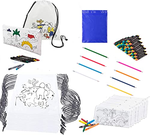 16 Mochilas y 16 Estuches Pintables con Ceras - Horas de Diversión - Original Regalo de Cumpleaños, Fiestas Colegio Infantil y Comuniones - Incluye 16 Divertidos Lápices + 16 Bolsas