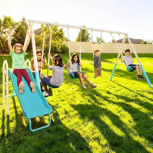Sportspower Arcadia Metal Swing Set with Trapeze, 2-Person Glider, 5ft Slide, Anchor Kit, 6.1ft Durable Steel Frame – Outdoor Backyard Playset with 600 lbs Capacity (Teal)