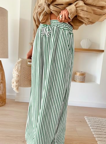 Image of Acelitt Women Casual Drawstring Elastic Waist Striped Wide Leg Pants with Pockets, S-XXL