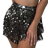 Women Belly Dance Sparkle Cowgirl Metallic Glitter Skirt Sequin Fringe Skirts Hip Scarf Skirt Fashio