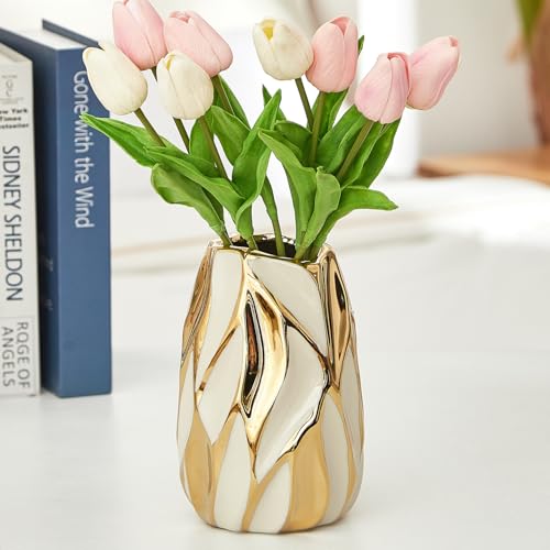 OTARTU Cream White Ceramic Vase for Flowers, Gold...