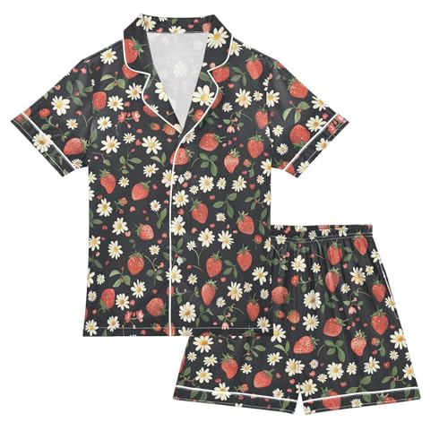 ALAZA Strawberry Daisy Blossom Print Satin Pajamas Set Short Sleeve Button Down Sleepwear Summer Pjs 2 Piece
