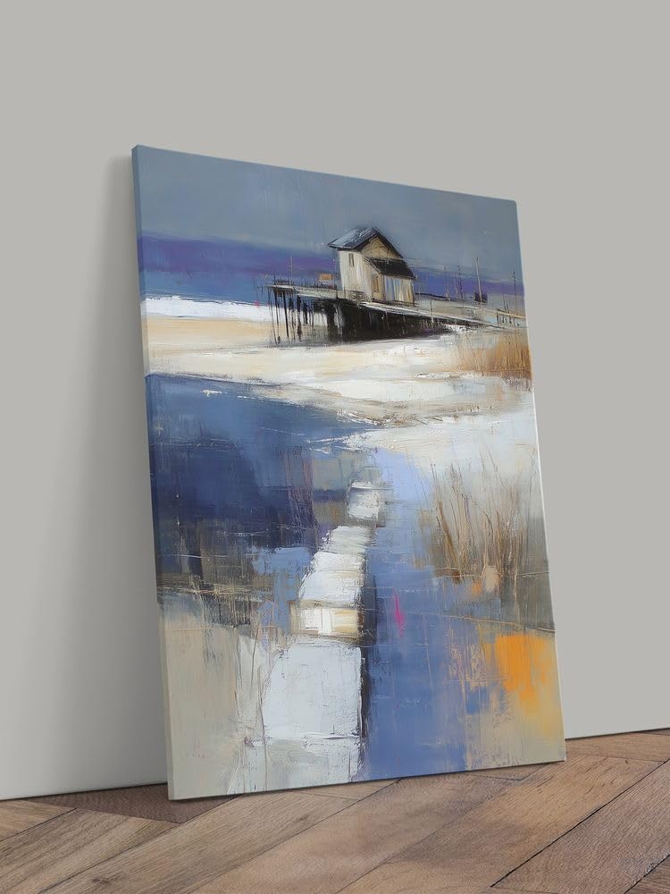 artissimo Leinwandbild Bild 50x70 cm Hochformat AG5688 – abstrakte Malerei Meer mit Strandhaus, moderne Kunst auf Leinwand, maritime Wanddeko