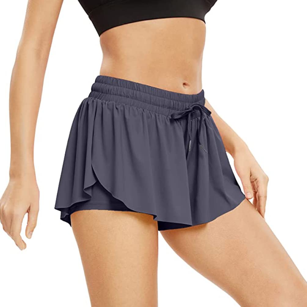 ALIBRAHIM 2 in 1 Flowy Running Shorts for Women Gym Yoga Athletic Womens Workout Biker Spandex Lounge Sweat Skirt Summer Grey