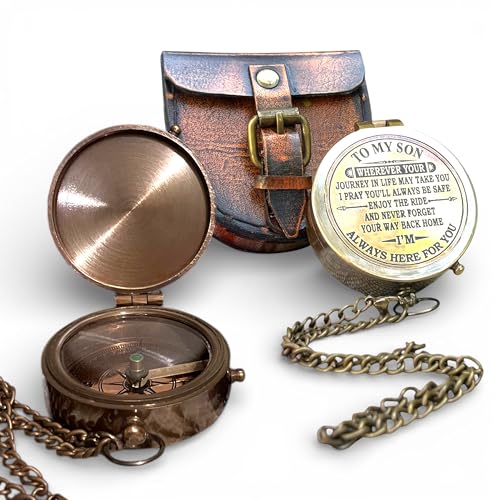 Brújula náutica vintage de latón con estuche de cuero miniatura 1
