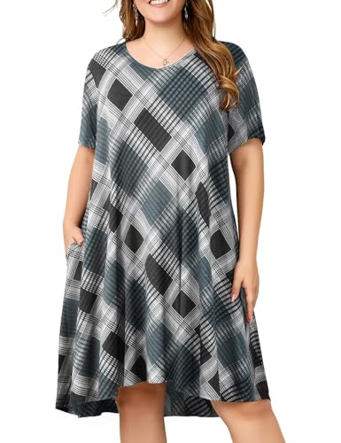 Image of OVERWORETY Womens Short Sleeve Plus Size T-Shirt Dress V Neck Casual Loose Swing A-Line Summer Tunic Dresses with Pockets