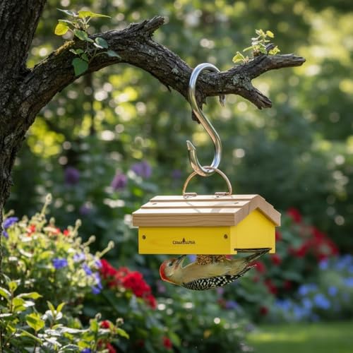 Upside Down Suet Feeder + Large Tree Hanger - Wild Bird Feeder with Rainproof Roof for Attracting Woodpeckers Nuthatches - Copper Hanger Alaskan Old Growth Red Cedar - Squirrel Proof Feeder (Y)