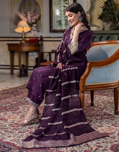 Image of SIRIL Women's Rayon Viscose Sequence Embroidered Straight Kurta Pant with Dupatta Set