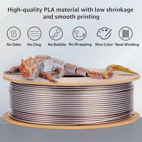 Image of Silk Tricolor PLA+ 3D Printer Filament 1.75mm No Tangle, Neatly Wound Filament Net Weight 250g Spool, PLA Pro Plus, Gold & Silver & Copper