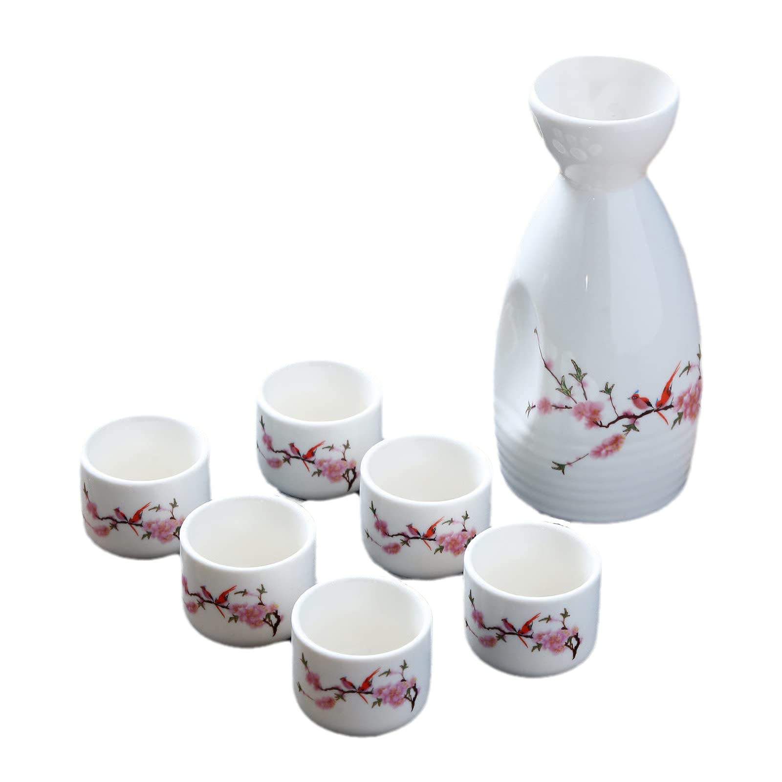 TEFUCeramic Sake 7-piece Set, Japanese Sake Set includes 1 white bottle and 6 cups,japanese sake set,cups set of (peach pattern)