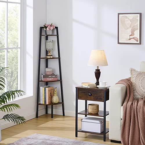 Hoctieon Corner Shelf, 4-Tier Corner Bookshelf, Rustic Ladder Shelf, Industrial Display Stand for Living Room, Kitchen, Home Office, Balcony, Small Space, Metal Frame, Rustic Brown - Image 5
