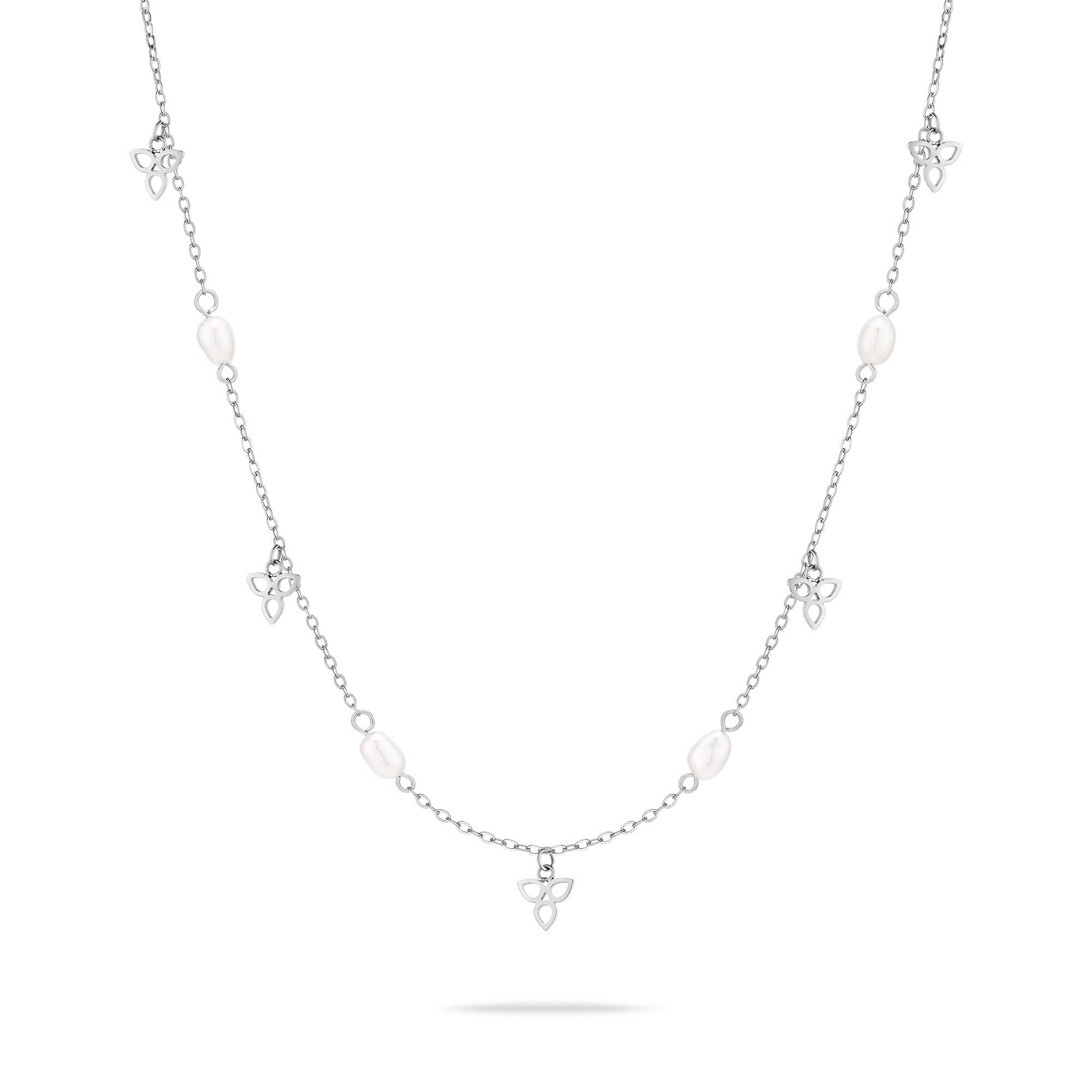 Tamaris Pearl Flower Necklace – Silver – Necklace with Zirconia Stones and Flower Pendants Made of Stainless Steel