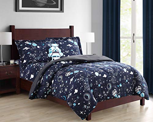 LinenTopia 4 Piece Space Themed Queen Kids Comforter Set - Kids Bedding - Pillow Sham, Decorative Toy Pillow - Solar System Bedroom Kit for Toddlers - Queen Size
