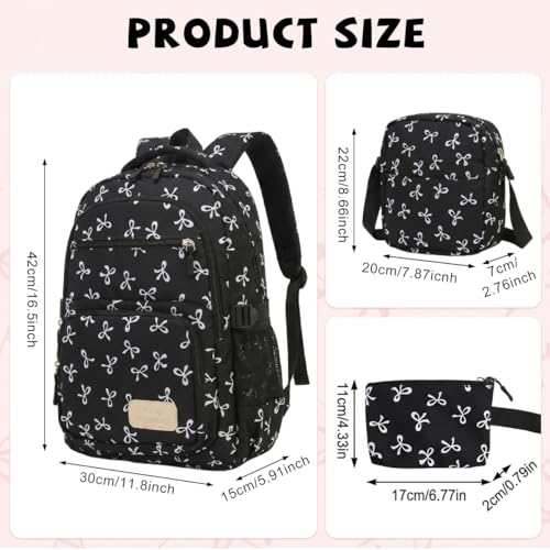 Image of PALAY 3PCS Sweet Stylish Girls Backpack Set with Bow Print, Cute Nylon School Backpack Shoulder Bag Zipper Pouch, Lightweight Casual Bookbag for School, Travel