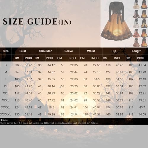 Halloween Costumes for Women 2025 1950s Vintage Pumpkin Printed Long Sleeve V Neck Evening Prom Dresses with Belt2