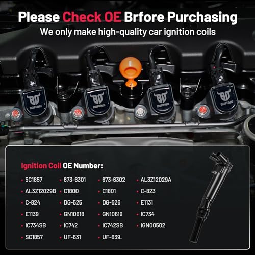 Image of BDFHYK Ignition Coil Pack UF-631 Set of 8 Compatible with F-150 F-250 F-350 Super Duty 6.2L V8 (Passenger-side only) Replacement for C1800 C1801 DG-525 UF-639