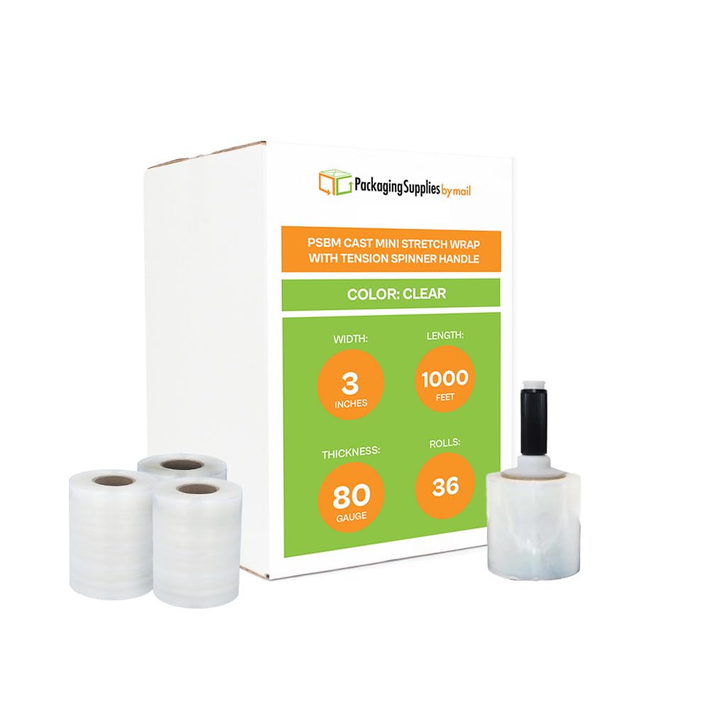 PSBM Mini Extended Core Stretch Wrap with Blue Tension Spinner Handle, 36 Pack, 3 Inch x 1000 Feet, 80 Gauge, Clear Plastic Cling