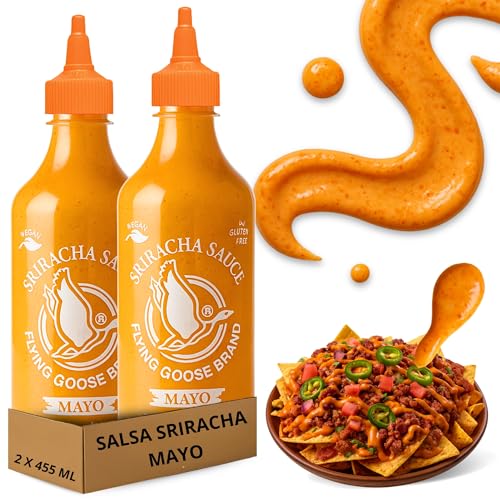 Mayonesa cremosa con Sriracha picante, Salsa Sriracha Mayo, Condimento con toque Picante, Flying Goose, Sin Gluten, Mezcla Sriracha y Mayonesa, Ideal en hamburguesas y cocina asiática, 2x 455 ml
