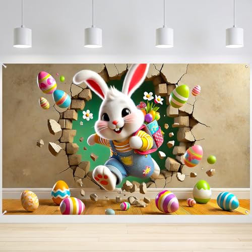 Image of Nuxovilar Large Easter Banner 43x71 Polyester Backdrop | Holiday Poster Spring Banner 3D Bunny Decor Home Room Hall (Easter Banner)
