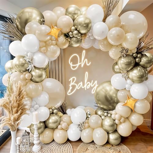 Image of Cream White Gold Balloon Arch Kit, Beige Balloon Garland for Baby Shower | Nude beige, cream white and champagne gold balloons with clear and star foil accents for boho birthday, shower and wedding