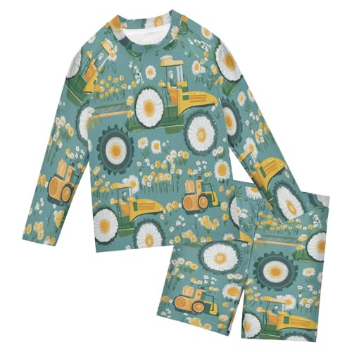 Tractor Daisy Flowers Boys Swimsuit Rash Guard Toddler Kids Long Sleeve Swim Shirt and Trunks Swimwear Set 3-10Y