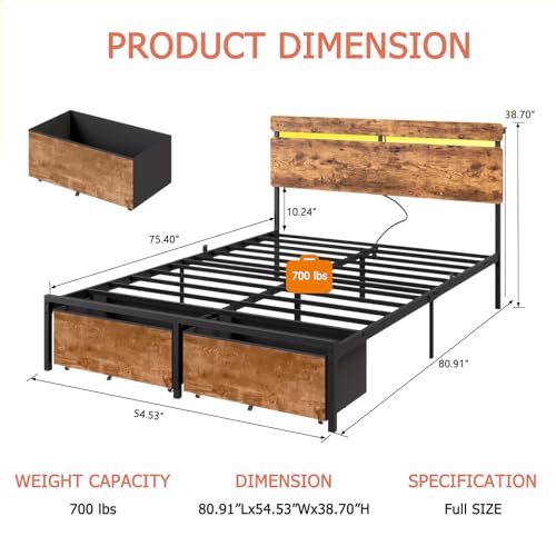 Image of Forestell Full Size Bed Frame with Wood Headboard, Metal Platform Bed with 2 Storage Drawers & Shelf, Built in Charging Station & LED Lights, No Box Spring Needed, Vintage Brown, Camas Full