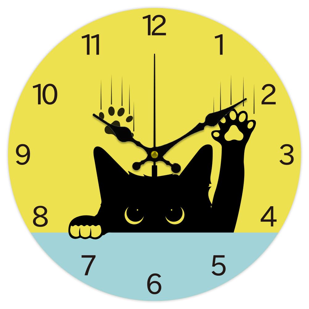 CHGCRAFT 12inch Peeping Cat Looking Up en Wall Clock Battery Operated Silent Non Ticking Cat's Paw Pattern Round Decorative Clock for Office Home Living Room Bedroom Bathroom Kitchen Decor