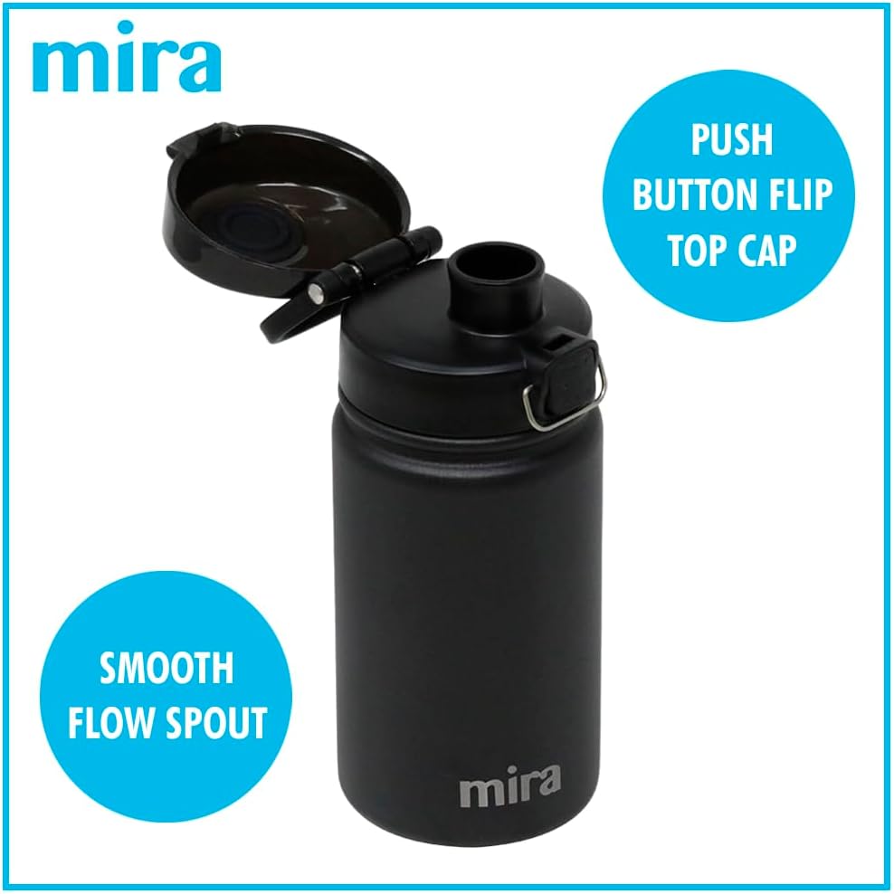 MIRA 12 oz Water Bottle with Spout Lid – Small Portable Vacuum Insulated Stainless Steel Thermo Flask for Travel, Hiking, Gym - Black - Image 2
