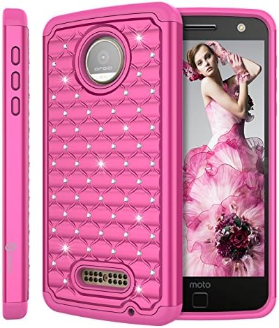 Moto Z Force Case, Moto Z Force Droid Case, Style4U [Shockproof] Studded Rhinestone Crystal Bling Hybrid Armor Case for Motorola Moto Z Force/Moto Z Force Droid with 1 Stylus [Hot Pink/Hot Pink]