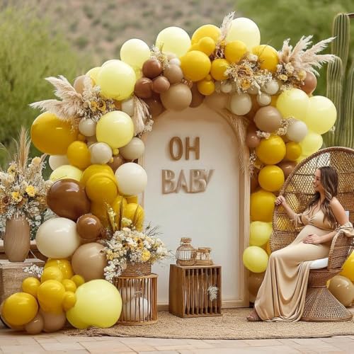 Image of Balloon Garland Arch Kit Pastel Yellow Blush White Sand Brown Balloons Double Stuffed Mustard Yellow Bee Balloons for Neutral Baby Shower Wedding Birthday Gender Reveal Fall Party Decorations