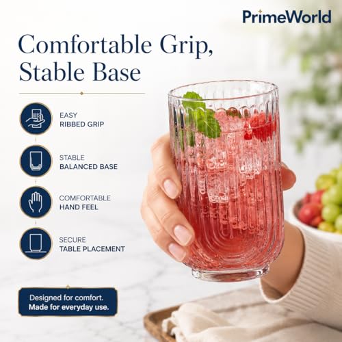 Image of PrimeWorld Vintage Ribbed Drinking Glasses Set of 4-520 ml | Heavy Big Size Art Deco U-Shape Arch Design Colored Glass Tumblers for Water, Juice, Cocktails | Decorative Party Glassware
