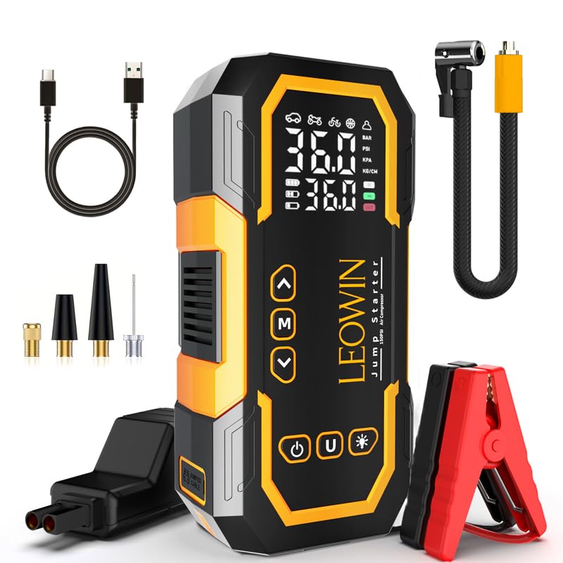 Jump Starter with Air Compressor, Battery Jumper Starter Portable(9.0 Gas/6.5L Diesel) with Tire Inflator, 12V Car Battery Jump Starter with Smart Jumper Cables, LED Light, LCD Display