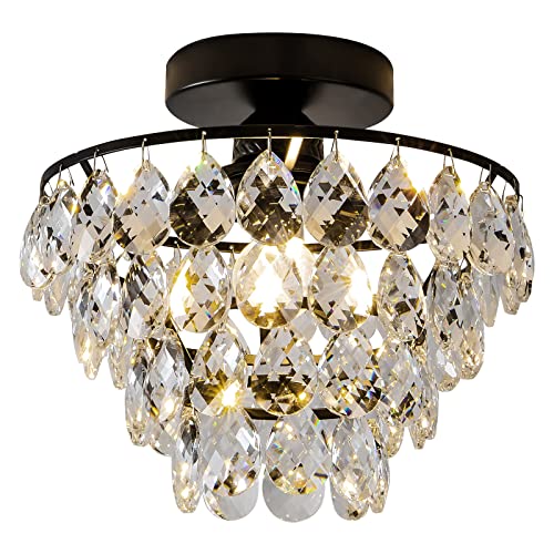 Modern Small Crystal Ceiling Light Fixture, Matt Black Semi Flush Mount Ceiling Light Fixture, Mini Crystal Chandeliers For Hallway Bedroom Bathroom Closet Bedroom Foyer #TOP7