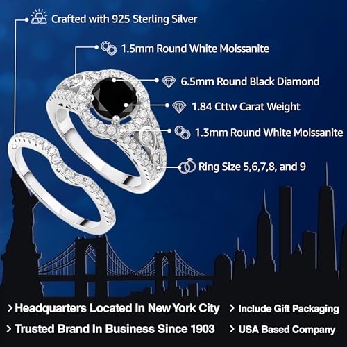 Gem Stone King 925 Sterling Silver Round Black Diamond and White Moissanite Wedding Engagement Ring Band Bridal Set For Women (1.84 Cttw, Available In Size 5, 6, 7, 8, 9)2