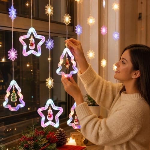 Christmas Window Lights 9.83 Ft Star Shaped Hanging Window Light with Remote Control Hanging Lights for Bedroom Living Room Decorative Hanging Ornaments for Window Wall Indoor Christmas Decoration - image 5