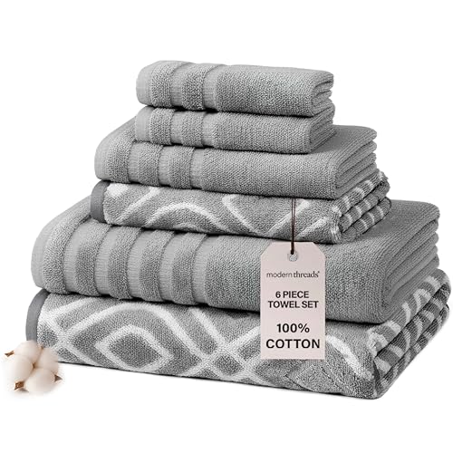 Modern Threads Oxford 6-Piece 100% Cotton Towel Set – Yarn Dyed Jacquard & Solid – Includes 2 Bath Towels, 2 Hand Towels, 2 Washcloths – Absorbent, Quick Dry, Soft & Durable – Gray